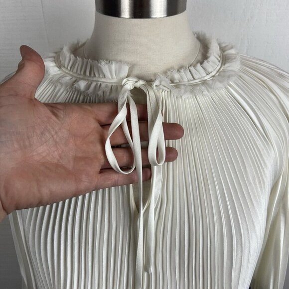3.1 Phillip Lim Blouse L Womens Ivory Pleated Navy Stripe Tie Ruffle Classic - Picture 7 of 11
